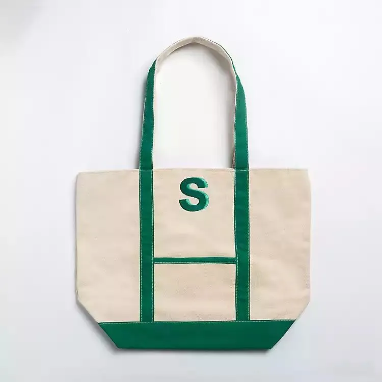 Green Embroidered Monogram S Boat Tote