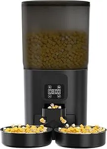 PAPIFEED Black Automatic Cat Feeder for 2 Cats, 7L Timed Cat Dry Food Dispenser with 2 Stainless Steel Bowls, Programmable Control 1-12 Meals, Auto Pet Feeder Suitable for Multi-Pet Households