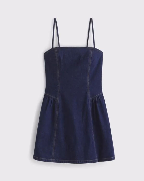 Dipped-Waist Denim Crossback Mini Dress