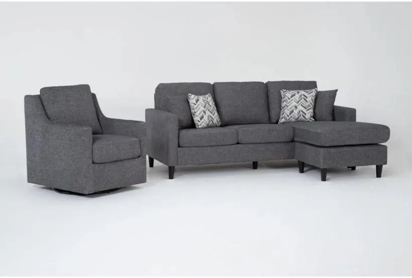 Stark Dark Grey Fabric Sofa with Reversible Chaise & Dark Grey Fabric Swivel Arm Chair | 2 Piece