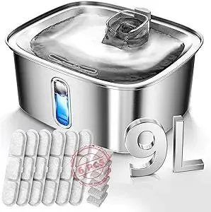 Dog Water Fountain for Large Dogs, 9L/2.4Gal Stainless Steel Dog Fountain with Water Level Window & Filtration, Automatic Pet Water Bowl Dispenser Indoor, Super Quiet (with 6 Filters)