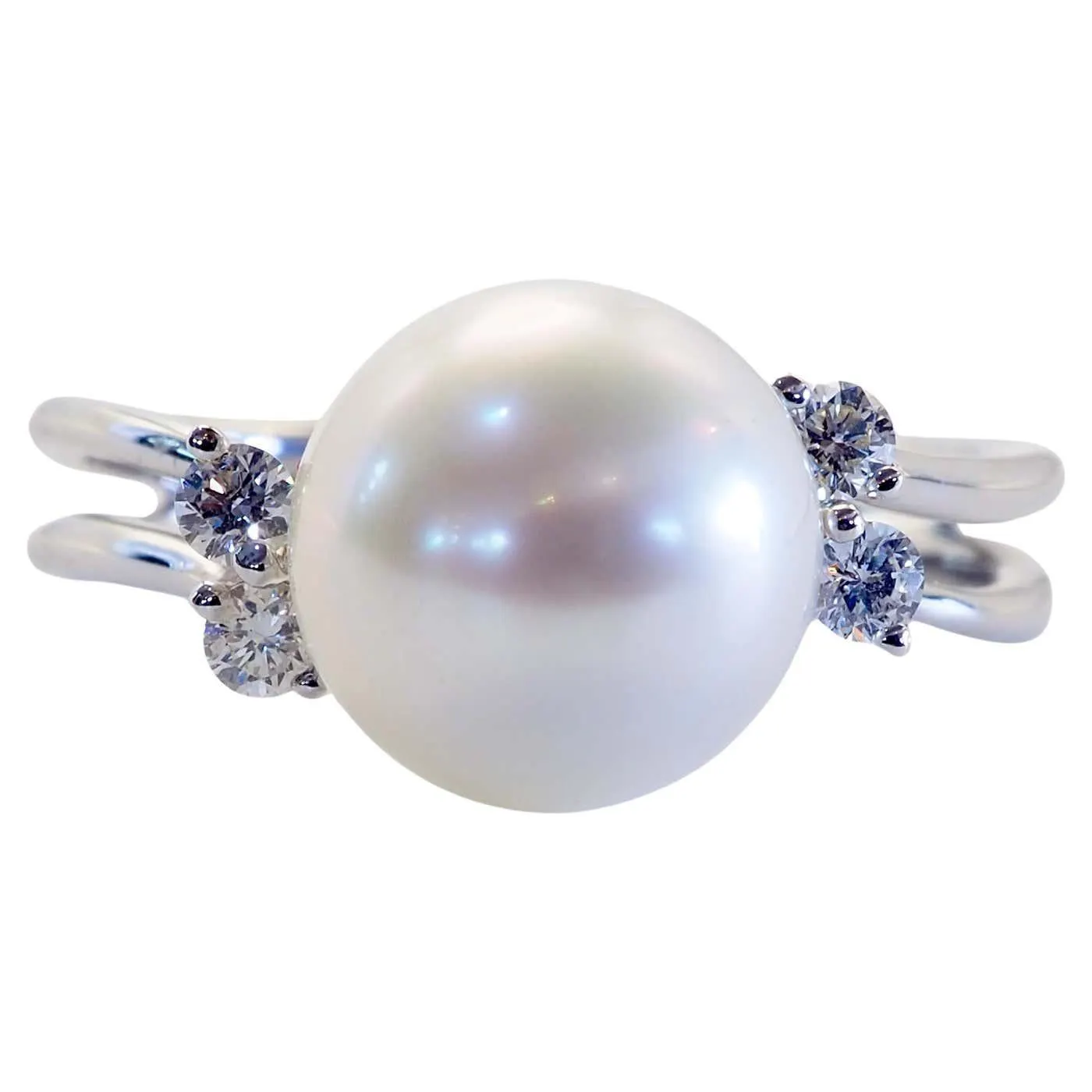 18K White Gold 9.2mm White South Sea Pearl & 0.16ct Diamond Split Shank Ring