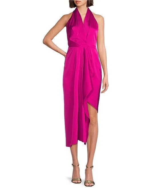 Petite Size Hazel Halter Neck Sleeveless Draped Asymmetrical Hem Satin Dress