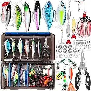 PLUSINNO Fishing Lures Fishing Tackle Box Fishing Gifts for Men, Bass, Trout Fishing Accessories Kit for Saltwater & Freshwater Fishing Gear Including Topwater Lures, Hooks, Spinnerbaits