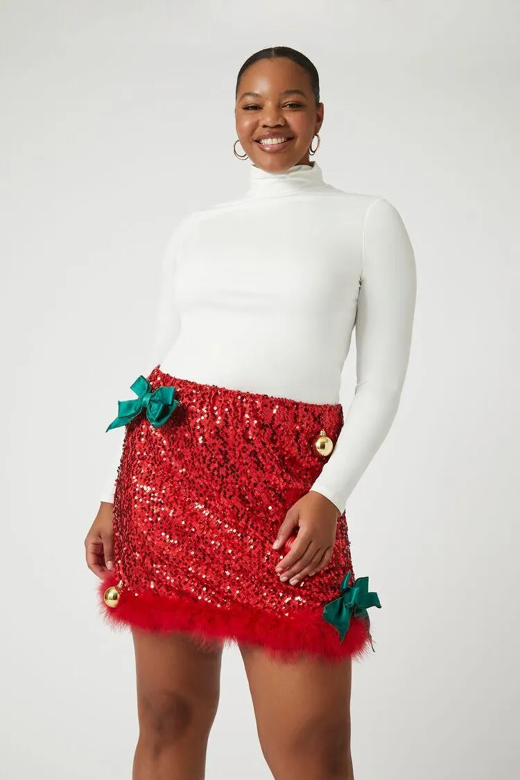 Plus Size Sequin Ornament Mini Skirt