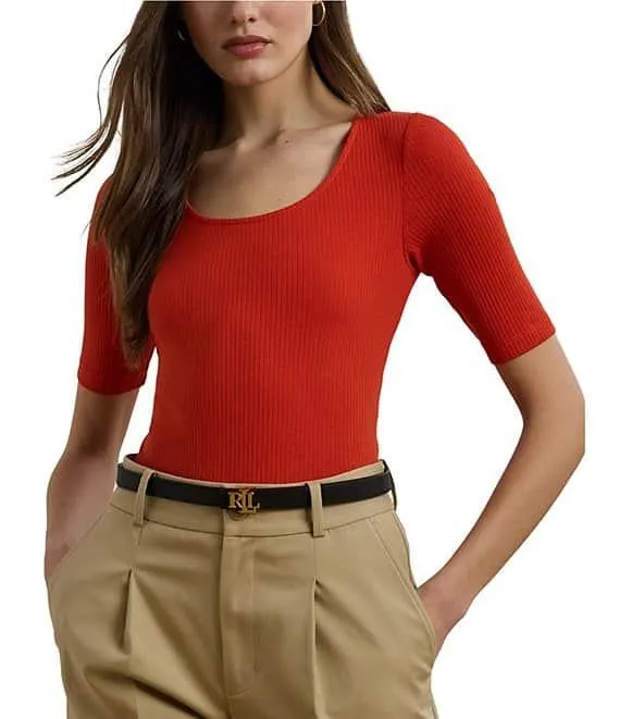 Cotton Blend Rib-Knit Scoop Neck Elbow Sleeve Tee