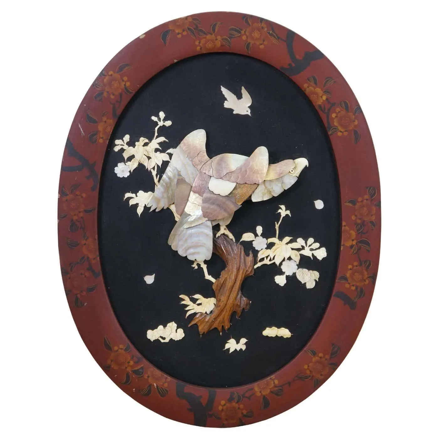 Antique Japanese Meiji Shibayama Lacquered Mother of Pearl Eagle Wall Plaque 21"