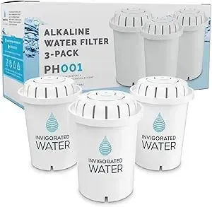 Invigorated Water PH001 - White Alkaline Water Filter – Replacement Filters for all Pitcher & Dispenser Filtration Systems – BPA-Free, Removes Chlorine, Heavy Metals – 96 Gallons/Filter (3-Pack)