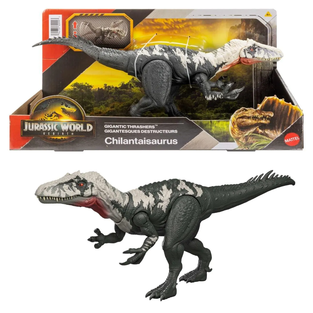 Jurassic World Rebirth Gigantic Thrashers Chilantalsaurus Dinosaur Figure Toy, Dual Attack
