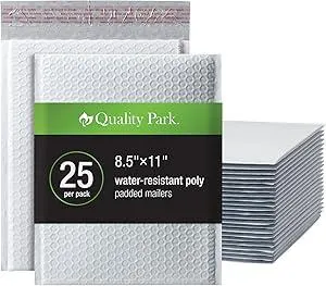 Quality Park Bubble Mailers, 8.25 x 11 Shipping Envelopes, Water Resistant White Poly Padded Envelopes, Redi-Strip Peel Off Closure, 25/Box (QUA85859)