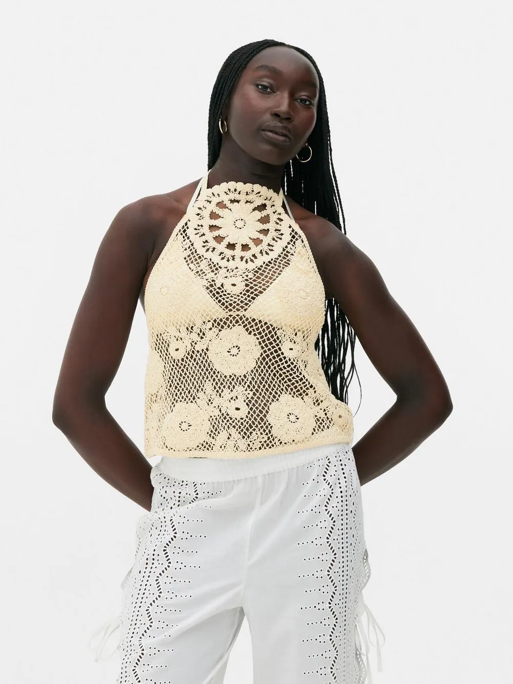 Rita Ora Floral Crochet Halter Neck Top