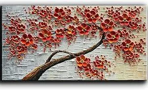 YaSheng Art - hand-painted Oil Painting On Canvas Texture Palette Knife Red Flowers Paintings Modern Home Decor Wall Art Painting Colorful 3D Flowers Tree Paintings Ready to hang 24x48inch