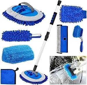 Car Cleaning Kit,62'' Car Wash Brush with Long Handle,Complete Car Cleaning Brush Kit Microfiber Cleaning Head & Extra-Thick Aluminum Extension Pole for Car, Truck, SUV, RV