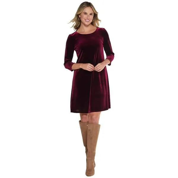 Womens MSK 3/4 Sleeve Velvet Solid A-Line Dress