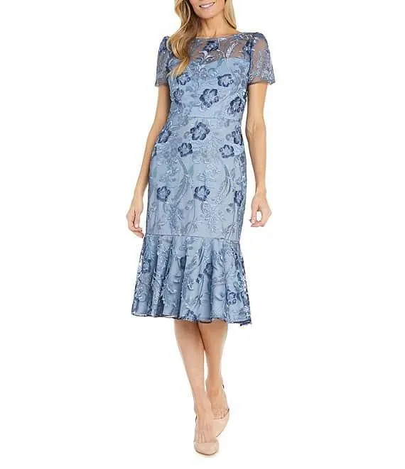 Short Sleeve Illusion Crew Neck Floral Embroidered Flounce Hem Sheath Dress