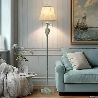 Traditional LED Floor Lamp with 350° Adjustable Swing Arm Lamp – Vintage Standing Pole lamp for Living Room, Bedroom and Office – Rustic Upright Floor Light for Home Décor with Faux Silk Fabric Shade