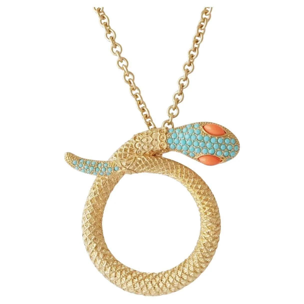 Gilded Snake Pendant Necklace w/ Turquoise and Coral Accents By Graziano, 1980s