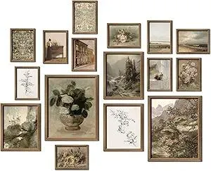 16 PCS Framed Vintage Wall Art Decor, French Country Farmhouse Gallery Wall Frame Set Prints for Bedroom Bathroom, Rustic Landscape Posters for Living Room Aesthetic, Cottagecore Dorm Home Collage Kit