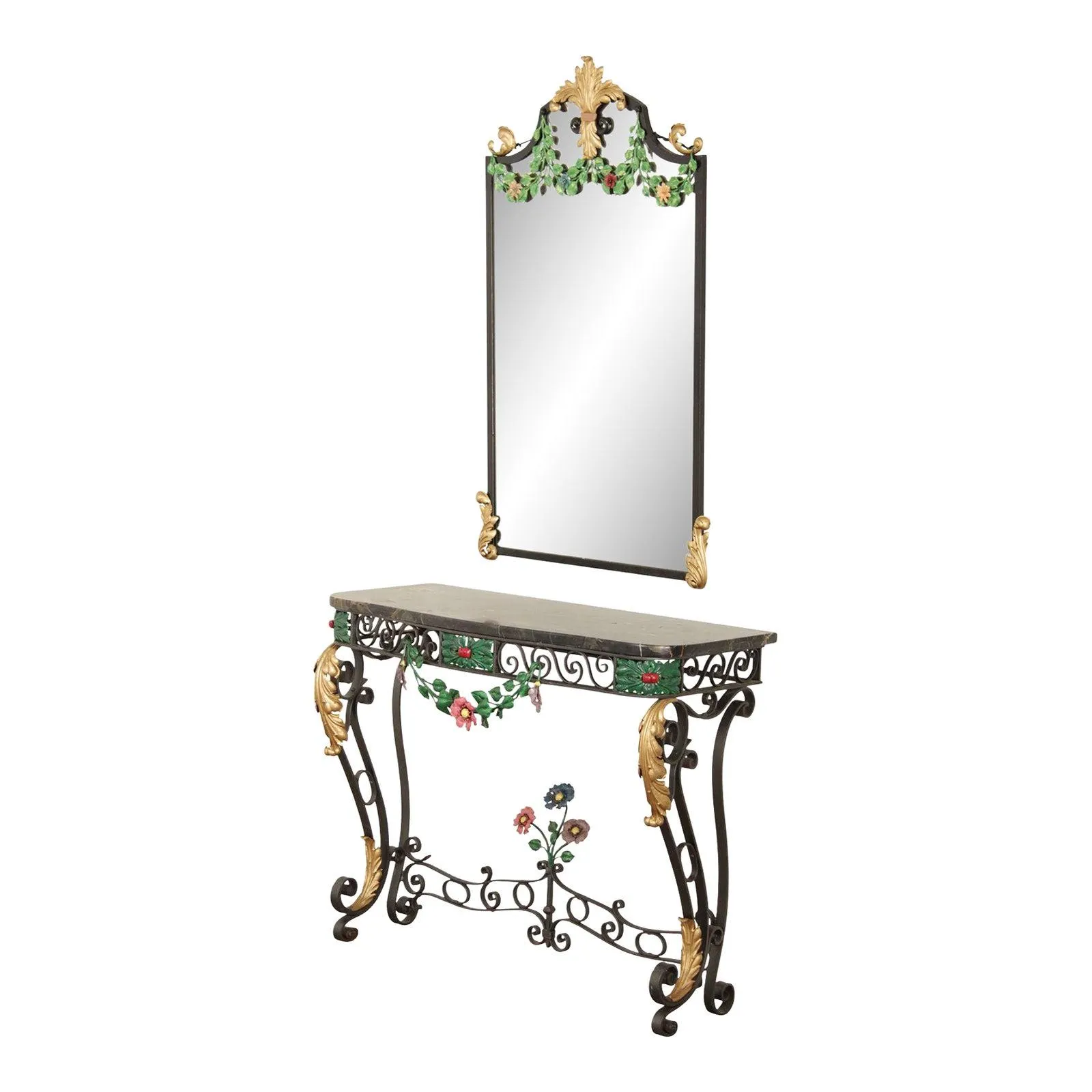 Vintage Italian Florentine Style Painted Wrought Iron Marble-Top Console Set with Mirror - A Pair