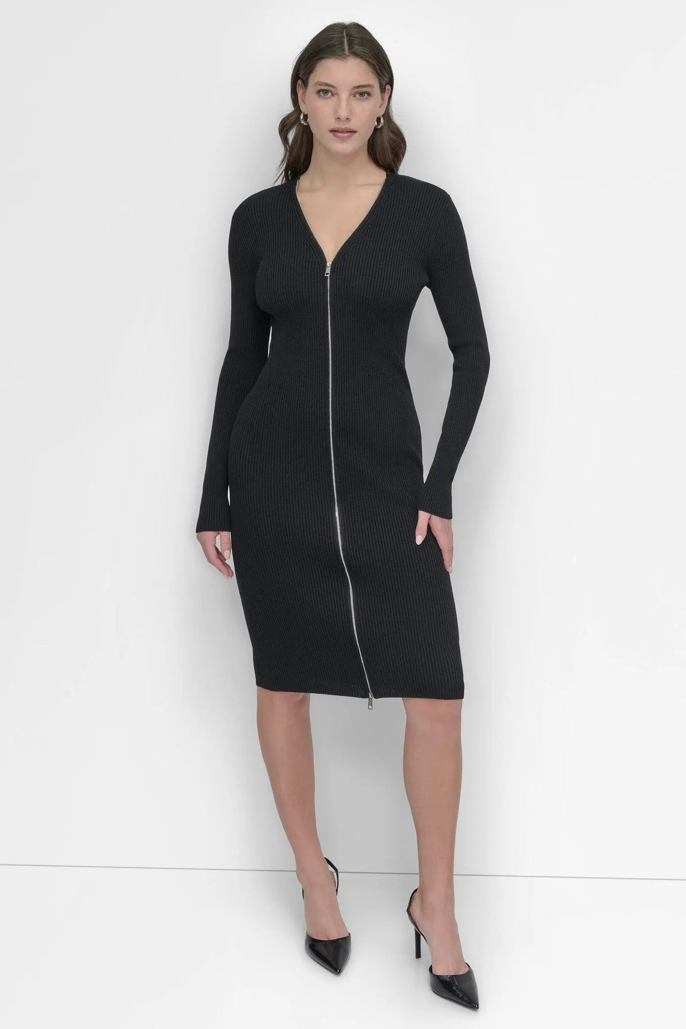 LONG SLEEVE ZIP FRONT SWEATER DRESS