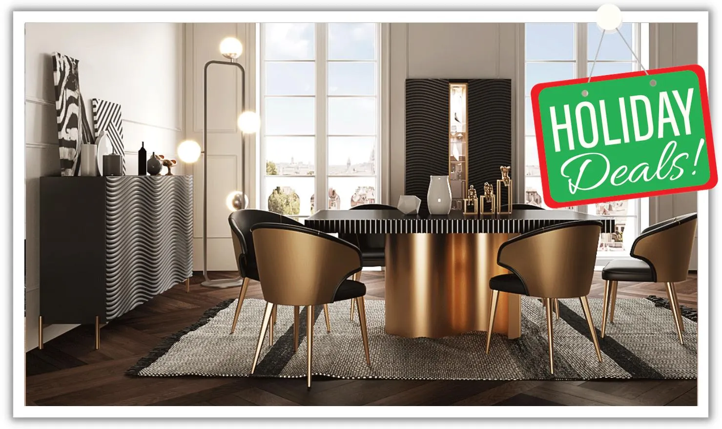 ESF Italia Wave Dark Gray Dining Set (Dining Table + Chairs + China Cabinet + Buffet)