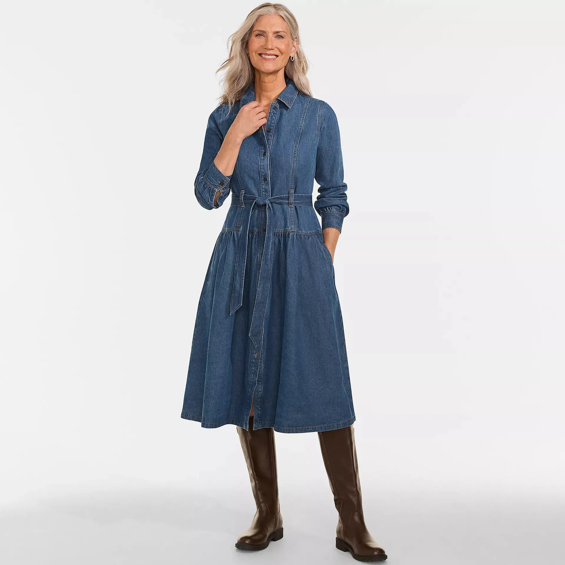 Women's Denim Button Front Midi Shirt Dress