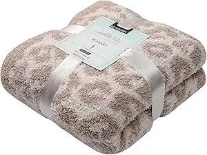 bearberry Fuzzy Leopard Knitted Throw Blanket Soft Cozy Warm Microfiber Blanket for Couch Sofa Bed Travel (Stone/Cream, 50"x60")