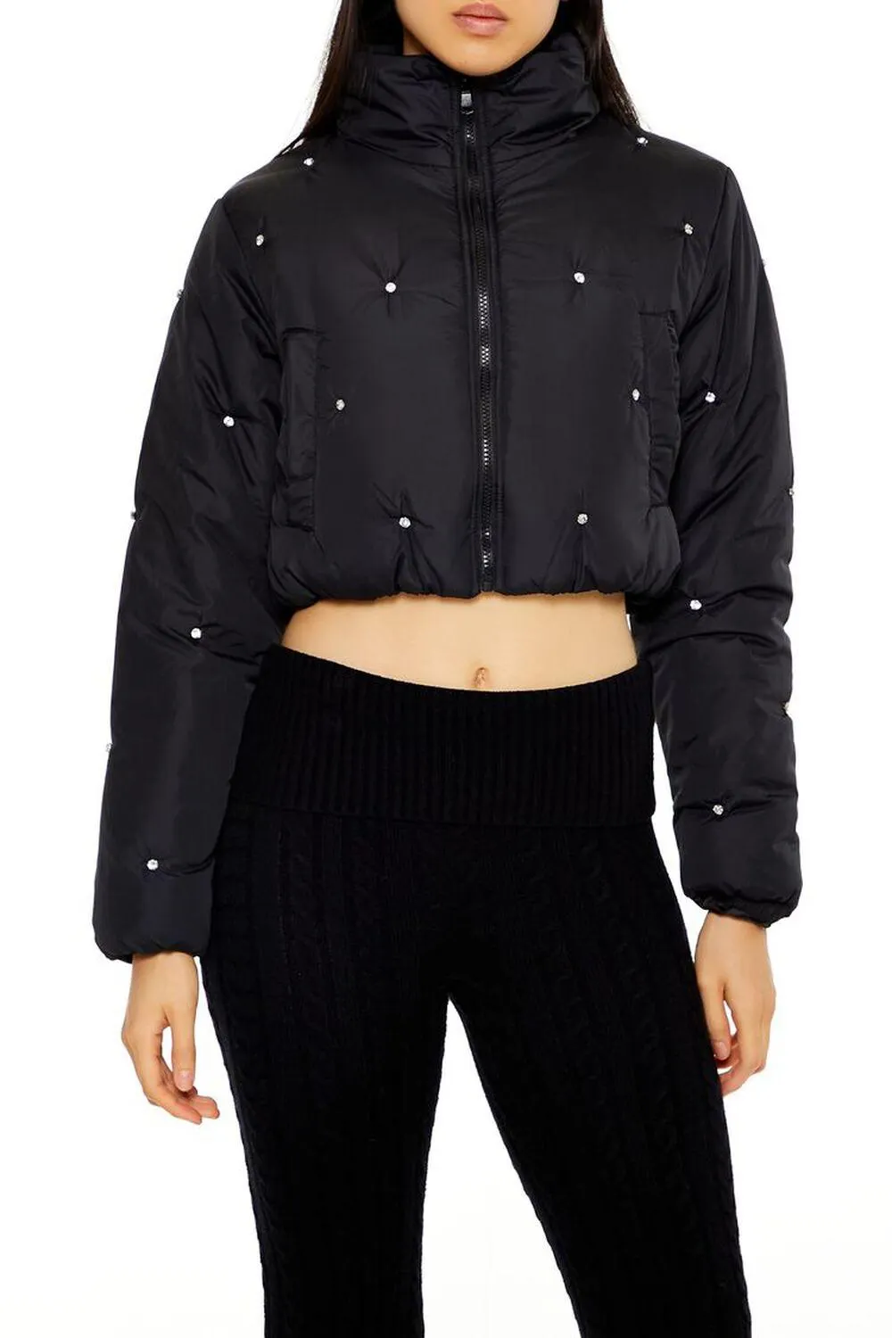 Faux Gem Cropped Puffer Jacket