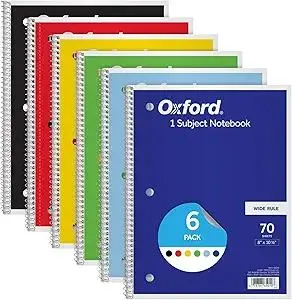 Oxford Spiral Notebook 6 Pack, Bulk Wide Ruled Spiral Notebooks for School, 1 Subject Journal, Wide Ruled Paper, 8 x 10-1/2 Inch, Blue, Yellow, Red, Light Blue, Green and Black, 70 Sheets (65010)