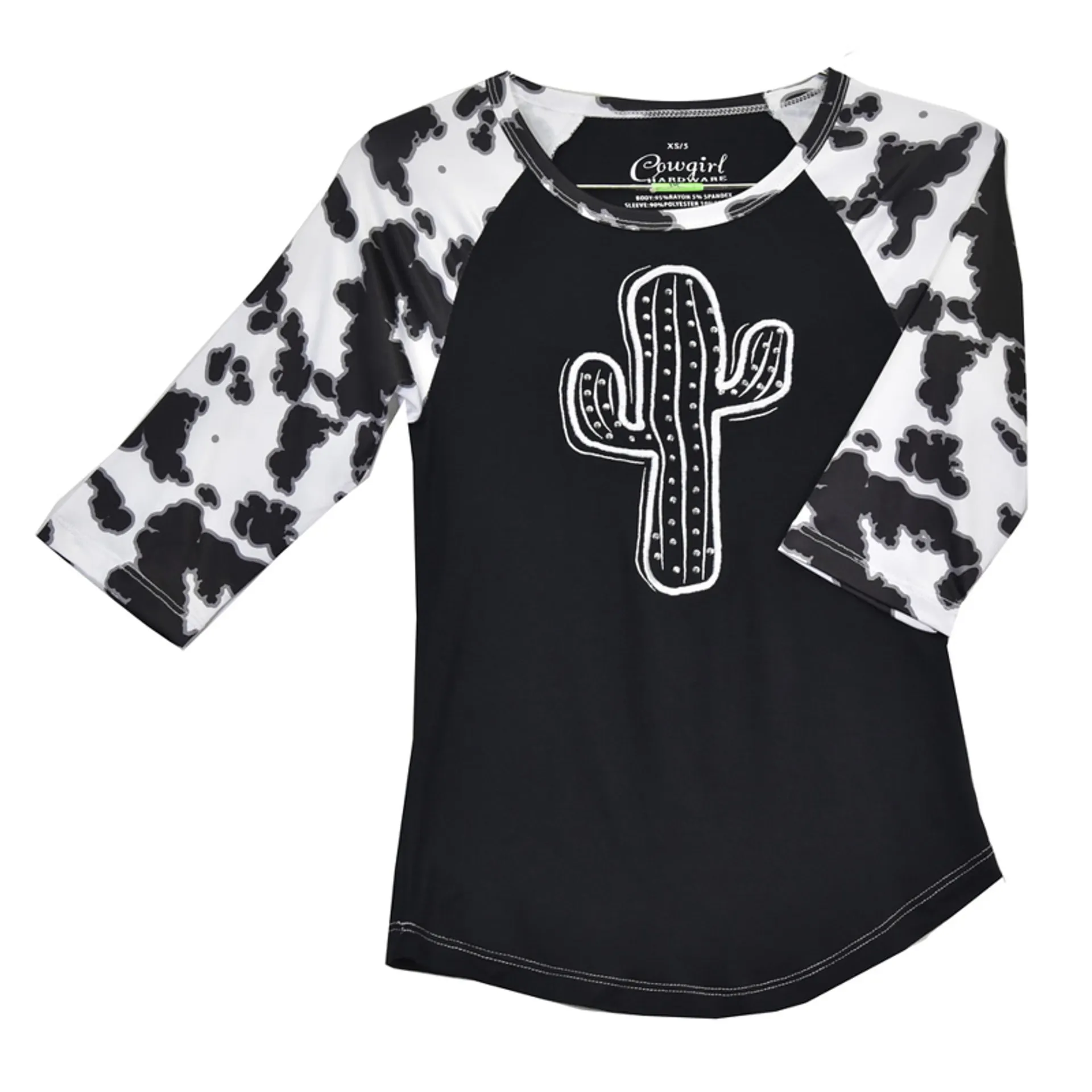 Cowgirl Hardware Girl's Black w/Studded Cactus Print 3/4 Cow Print Sleeve T-Shirt
