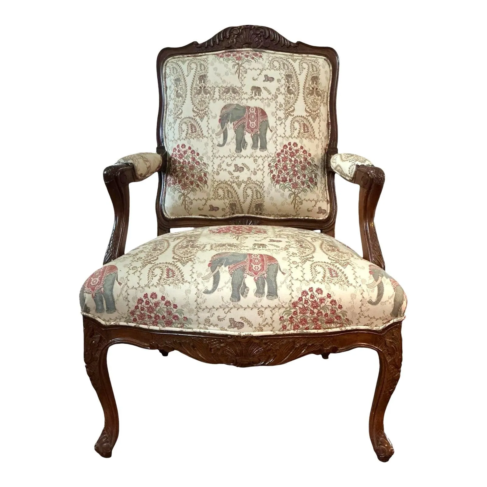 1950s Vintage Carved French Provincial Armchair With Elephant Motif Upholstery