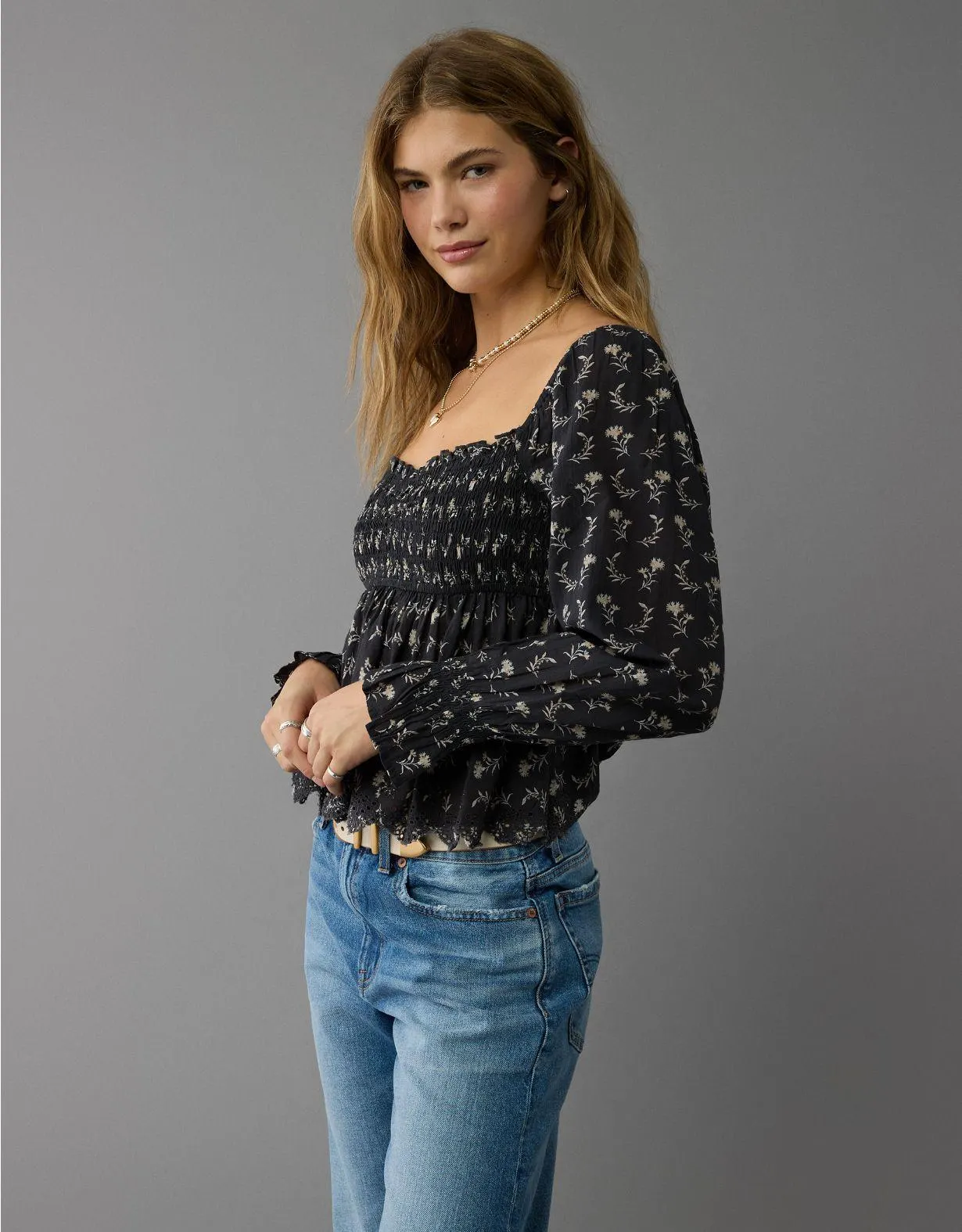 AE Long-Sleeve Smocked Babydoll Blouse