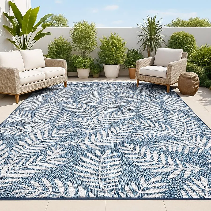 JONATHAN Y SANTA MONICA Nevis Palm Frond 8 x 10 (ft) Loomed Navy/Ivory Rectangular Indoor/Outdoor Floral/Botanical Coastal Pet Friendly Area rug