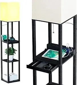 SUNMORY Floor Lamp with Shelves,Modern Dimmable Solid Wood Standing Lamp with 1 Drawer and 2 USB Ports & 2 Power Outlet,Corner Tall Bookshelf Lamp for Living Room and Bedroom(Black)