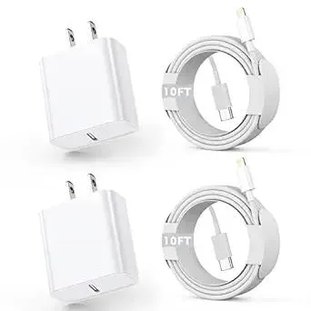 iPhone Fast Charger, [Apple Certified] 2Pack 10FT Extra Long Fast Charging USB C to Lightning Cable Cords with PD USB C Wall Charger Block for Apple iPhone 14/13/12/11/Pro/Pro Max/11/Xs Max/XR/X, iPad
