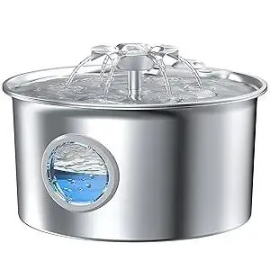 Stainless Steel Cat Water Fountain: 88oz/2.6L Ultra Quiet Pet Fountain with Flower Kitty Spout & LED Blue Light Water Dispenser with Water Level Window for Cats/Dogs Indoor (Silver) - IHOUONE