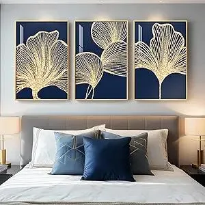 Framed Modern Luxury Wall Art for Bedroom, Large Navy Blue and Gold Ginkgo Leaf Artwork for Walls, 3 Piece Contemporary Bright Style Floral Prints for Living Room Office Hallway Wall Decor, 24x36 Inch