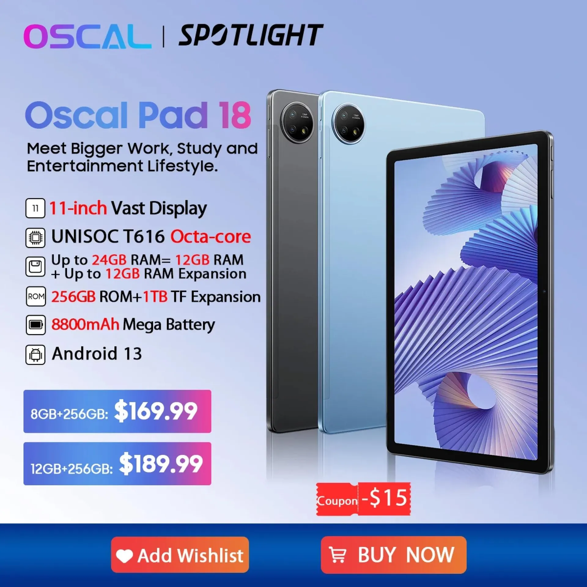 [Estreno mundial] Tableta Oscal Pad 18 de 24 GB (12+12), 256 GB, pantalla FHD+ de 11 pulgadas, ocho núcleos, batería de 8800 mAh, 13 MP, Android 13, tabletas PC