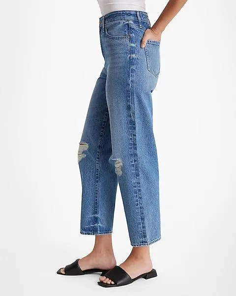 High Waisted Light Wash Ripped Relaxed Straight Ankle Jeans