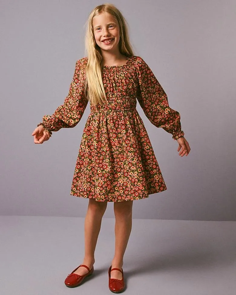 Girls' long-sleeve smocked dress in floral