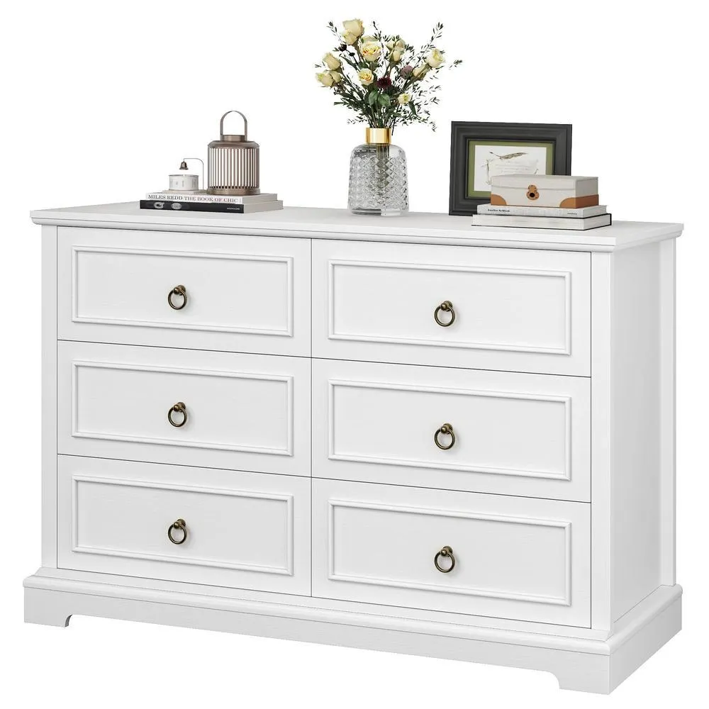 HOSTACK Dresser for Bedroom with 6 Drawers White Chest of Drawers Wide Wood Double Dressers Modern Farmhouse Storage Dresser