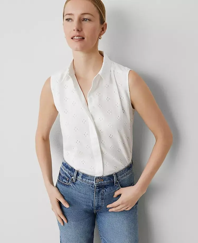Eyelet Shirred Sleeveless Shirt