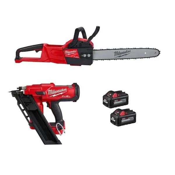 M18 FUEL 16 in. 18V Brushless Battery Electric Chainsaw w/3-1/2 in. 30-Degree Framing Nailer, Two 6Ah Batteries