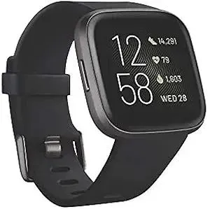 Fitbit Versa 2 Health & Fitness Smartwatch with Heart Rate, Music, Alexa Built-in, Sleep & Swim Tracking, Black/Carbon, One Size (S & L Bands Included) (Renewed)