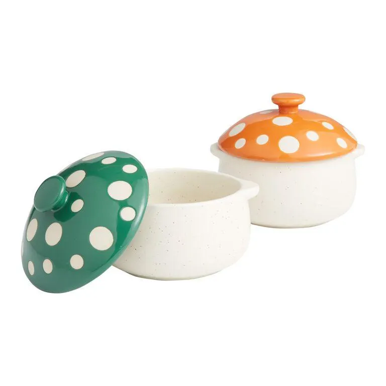Spotted Mushroom Lidded Soup Crocks Set of 2