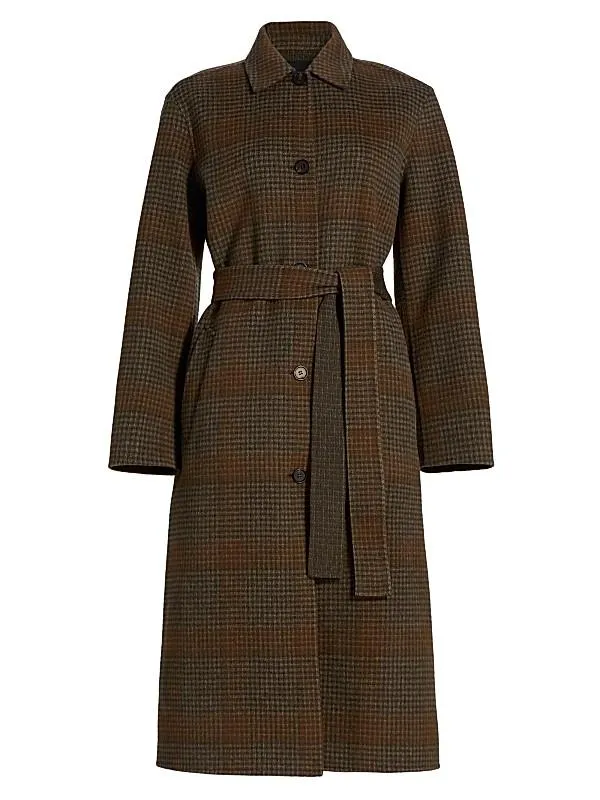 Plaid Wool-Cashmere Single-Breasted Belted Coat
