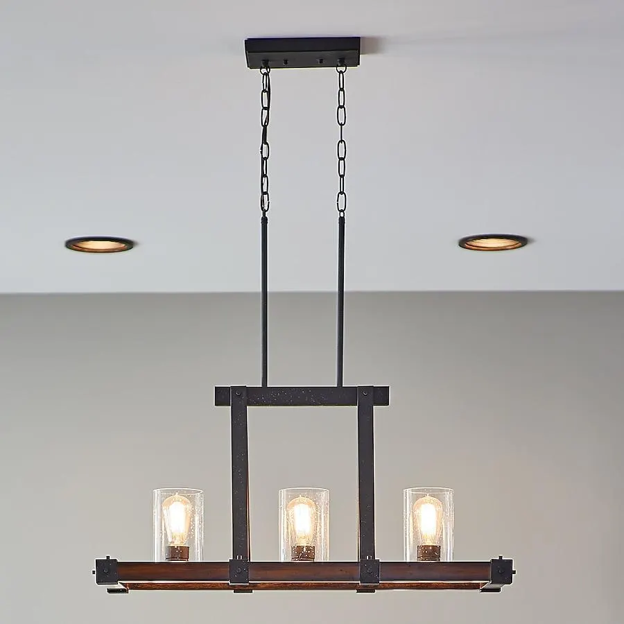 Kichler Barrington 3 -Light Distressed Black and Wood Tone Rustic Seeded glass Linear Large Hanging Kitchen island light