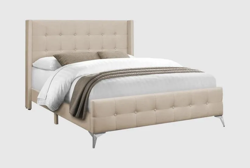 Jane Beige Queen Linen Upholstered Button Tufted Panel Shelter Bed | Wingback