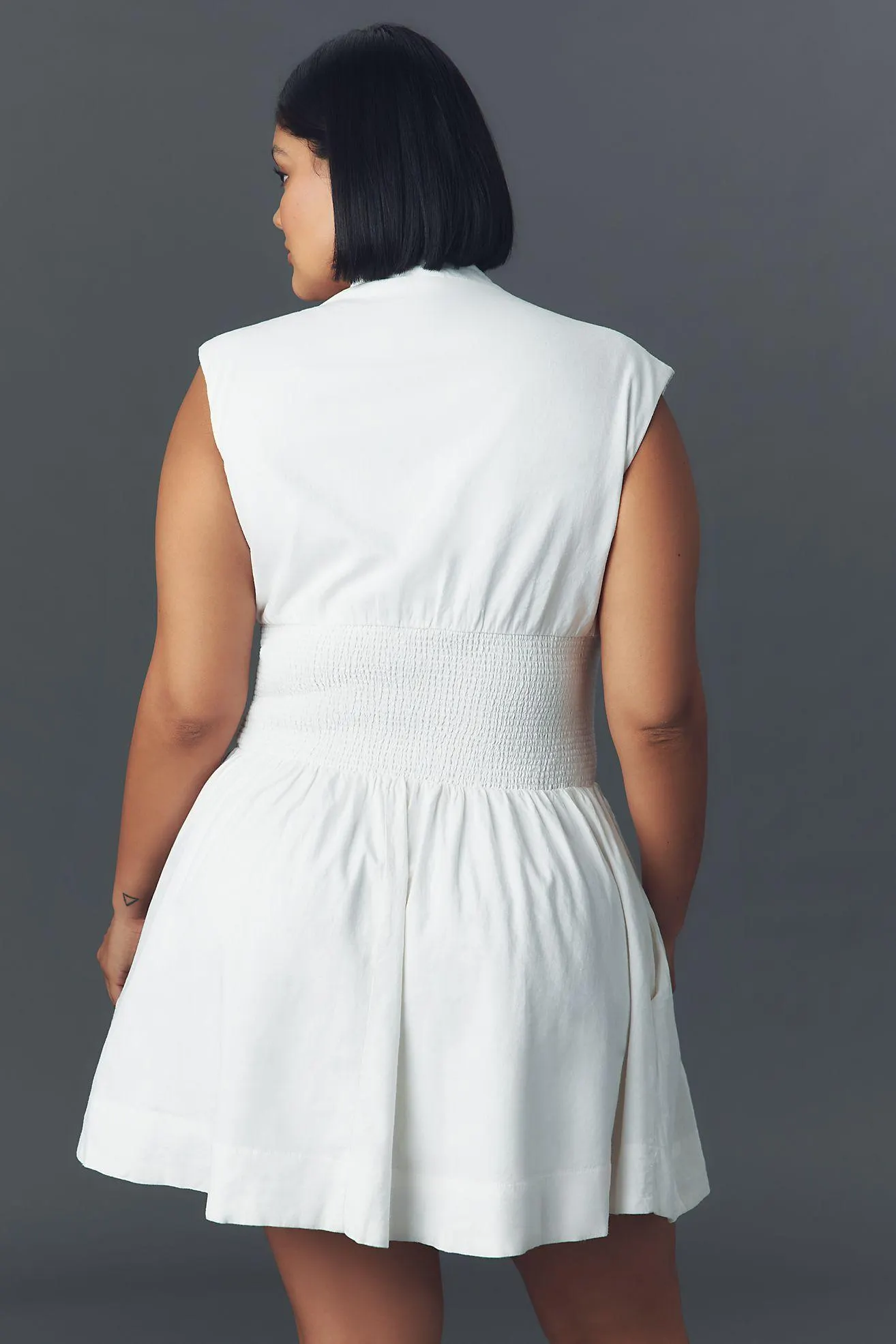 The Tommie Cap-Sleeve Smocked Front-Zip Shirt Dress: Linen Mini Edition