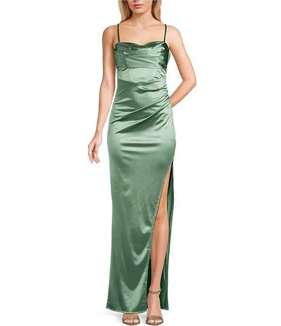 Emma Bodice Side Slit Satin Long Dress